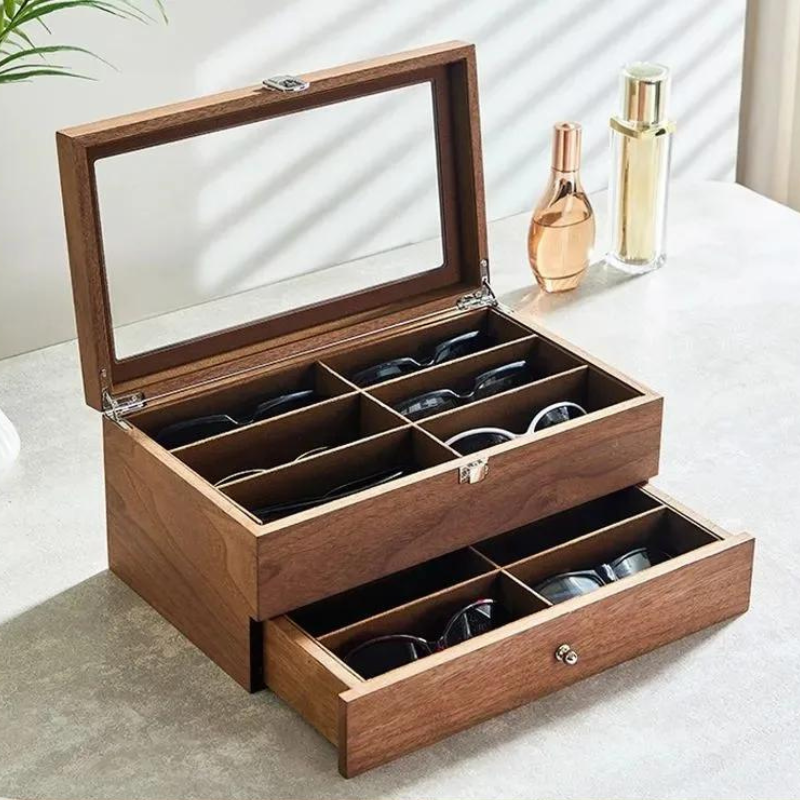 Boîte à lunettes en bois avec tiroir 12 emplacements ouverte