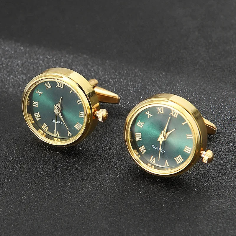 Boutons de manchette horloge rotative vert et or