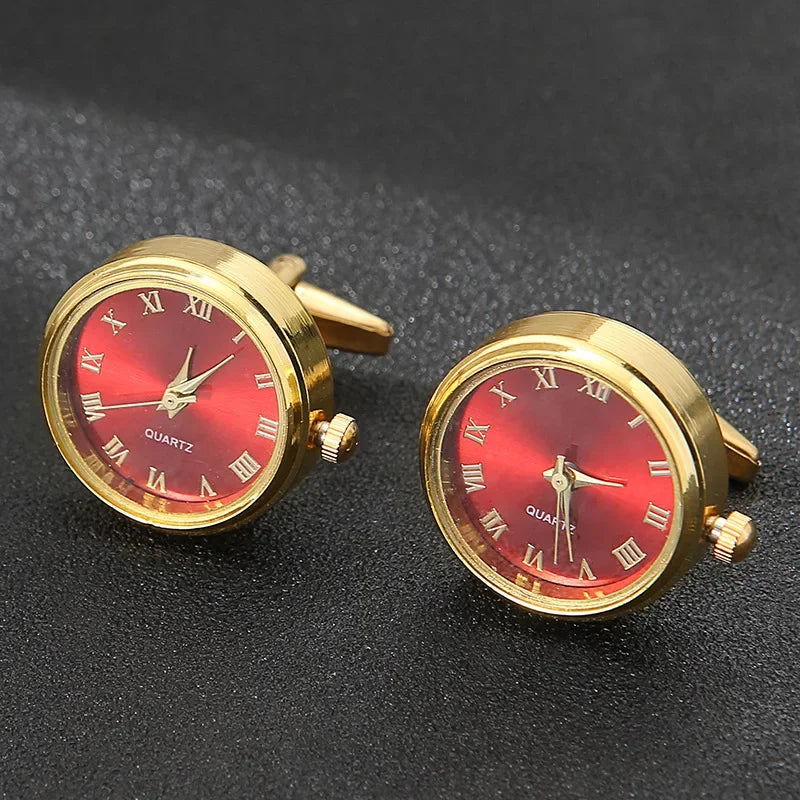 Boutons de manchette horloge rotative rouge et or