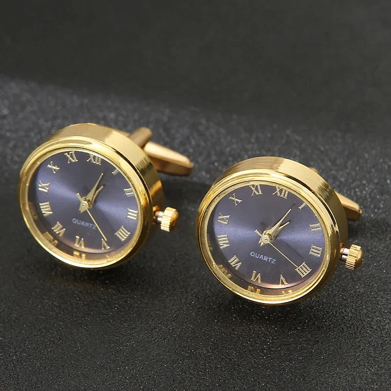 Boutons de manchette horloge rotative bleu et or