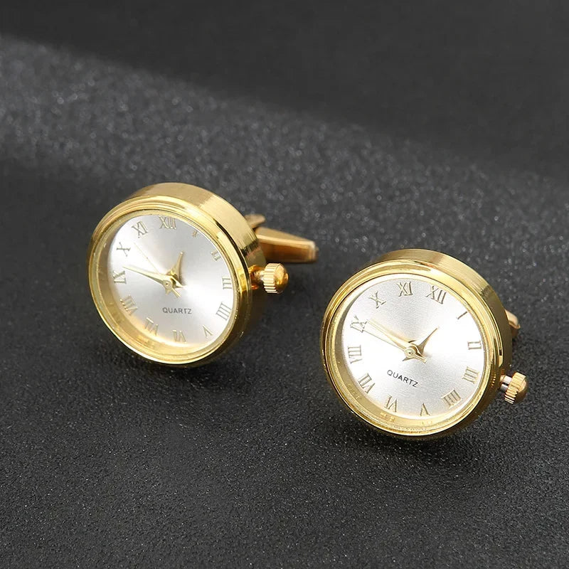 Boutons de manchette horloge rotative blanc et or