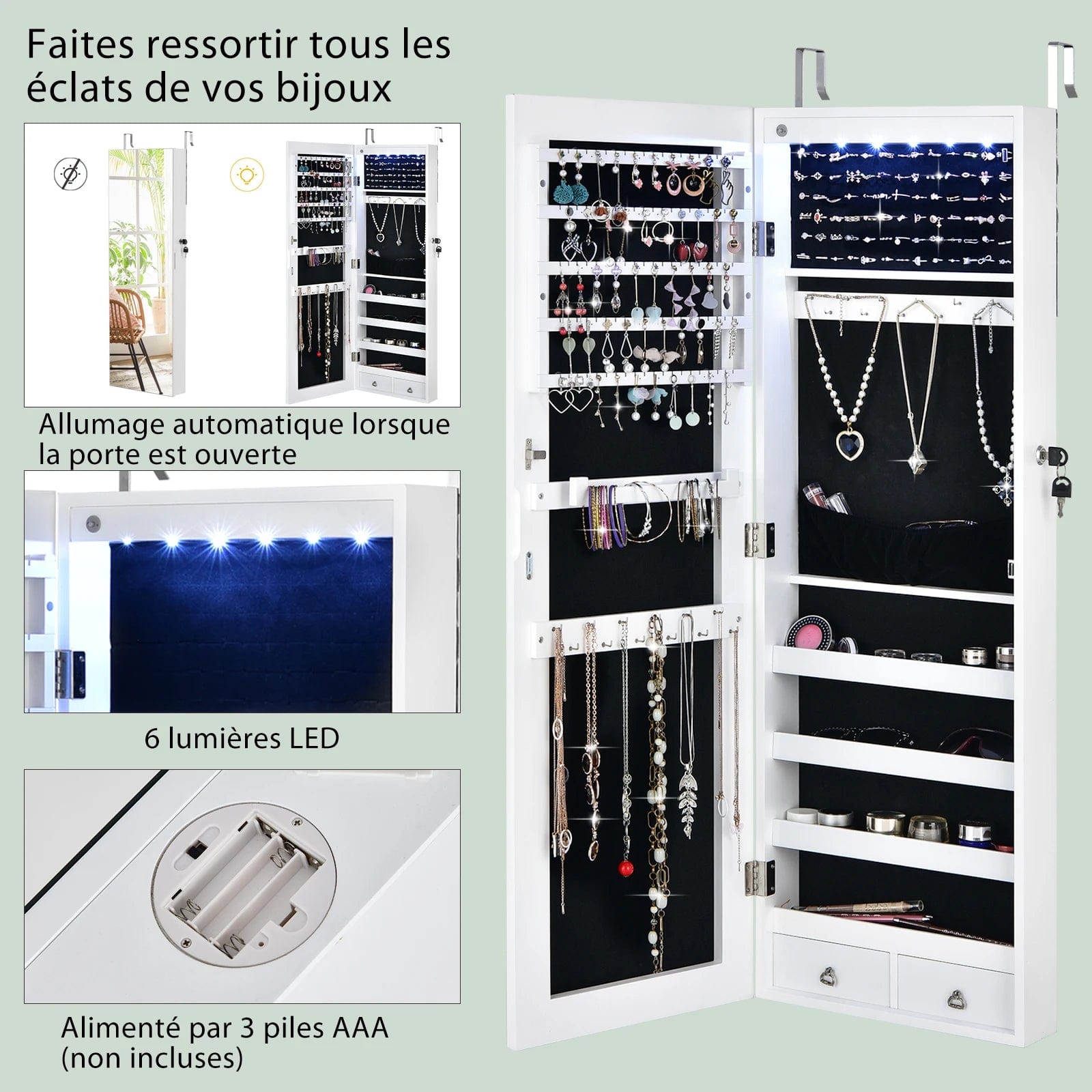 Mise en valeur des bijoux sur l'Armoire à bijoux murale avec miroir