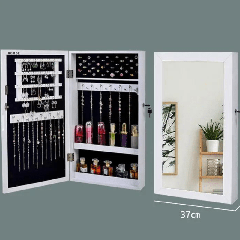 Présentation Armoire de rangement cosmétique et bijoux avec miroir organisée