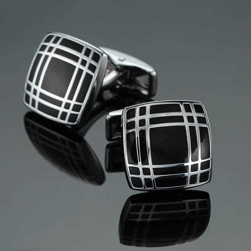 Boutons de manchette motif grille argent et noir